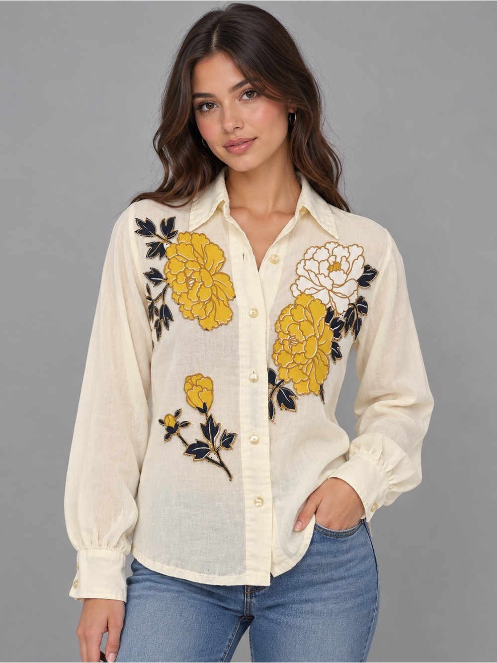 Vintage Cream Button-Up Blouse with Yellow Floral Embroidery